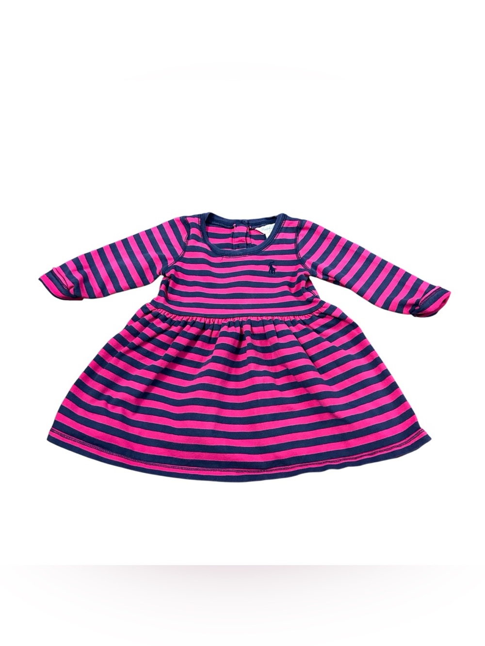 Ralph Lauren Baby Girls 6M Pink Navy Striped Long Sleeve Dress Pony